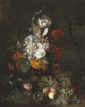  oiseaux - Une nature morte avec des fleurs et des fruits avec un nid d’oiseau et des oeufs Jan van Huysum